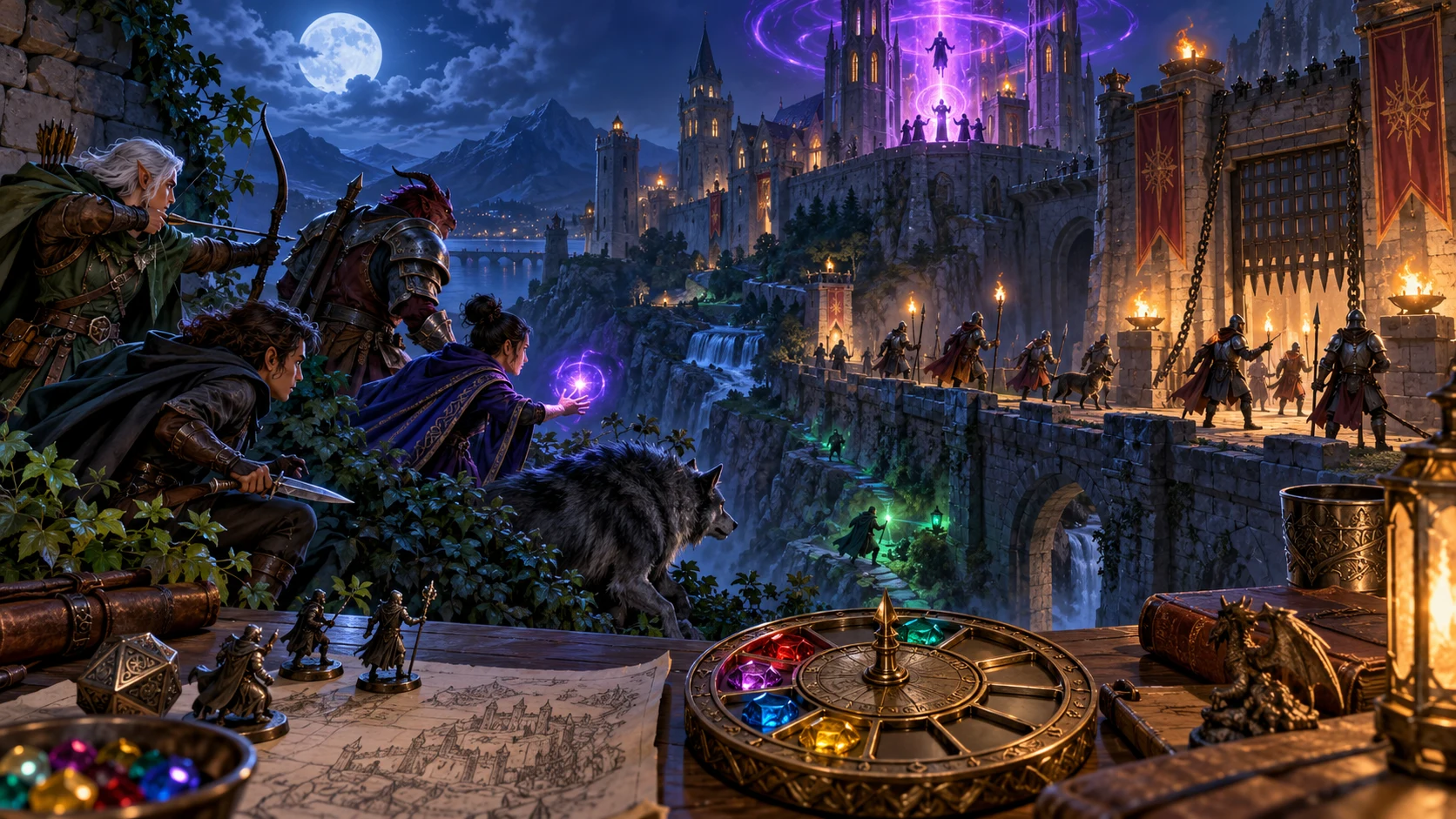 Fantasy illustration of adventurers observing a moonlit fortress, patrols and a ritual beside a partially filled segmented dial