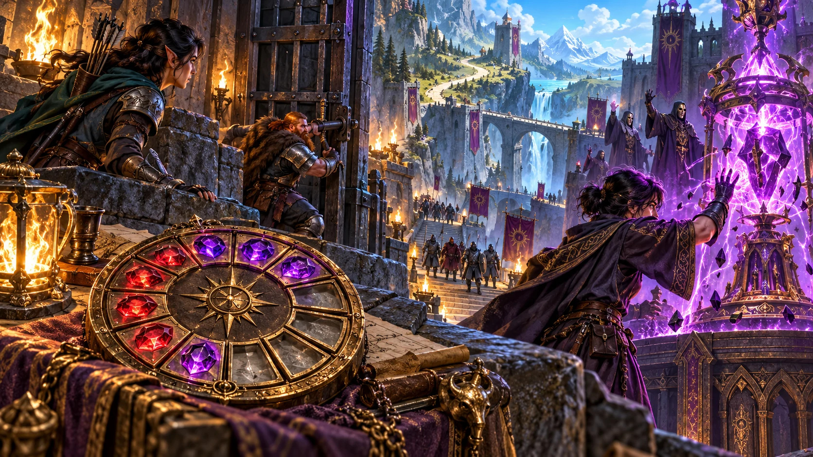 Fantasy illustration of adventurers acting against a ritual while a patrol approaches and a segmented dial shows remaining choices