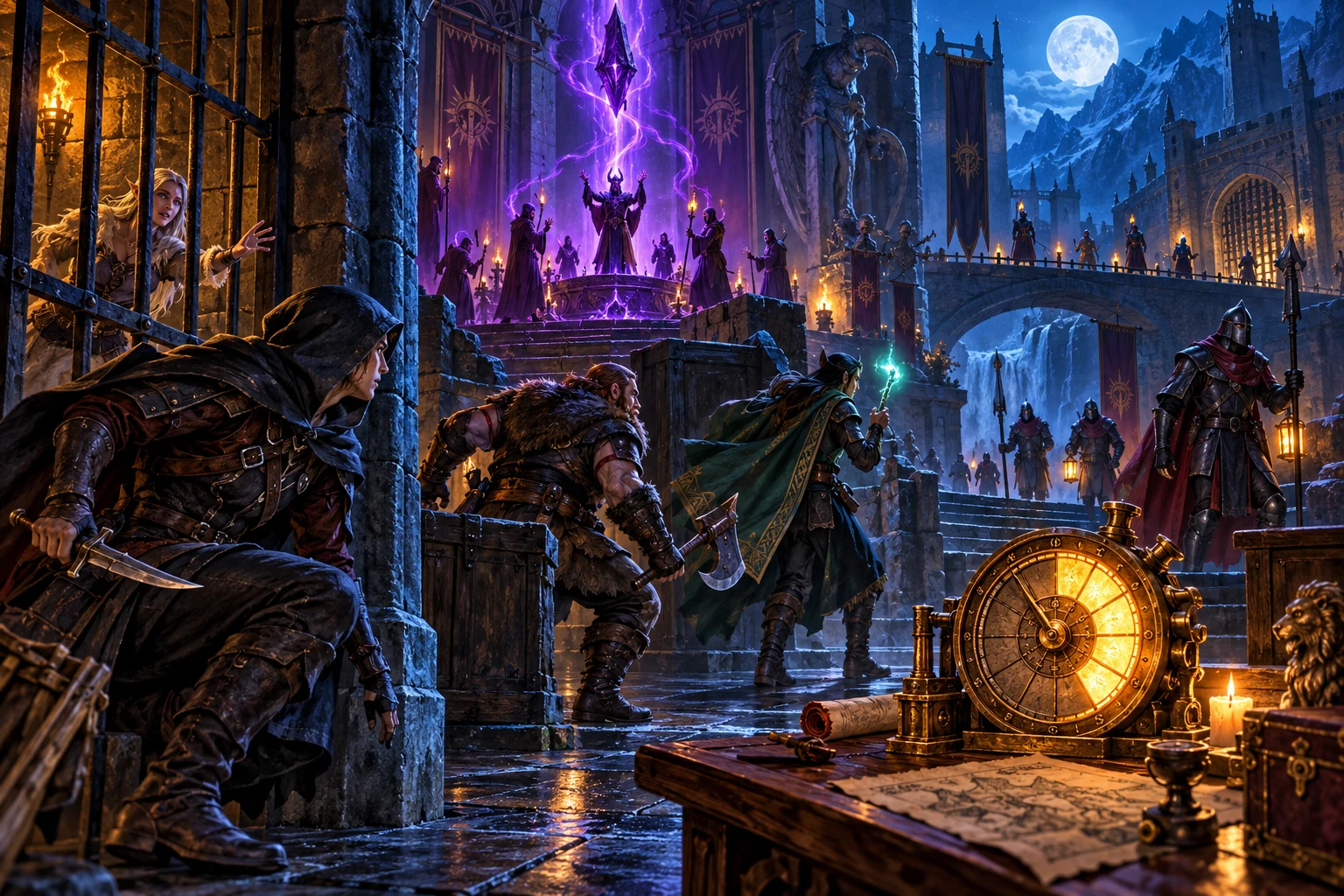 Fantasy illustration of adventurers weighing a rescue, approaching guards and a charged ritual beside a segmented dial